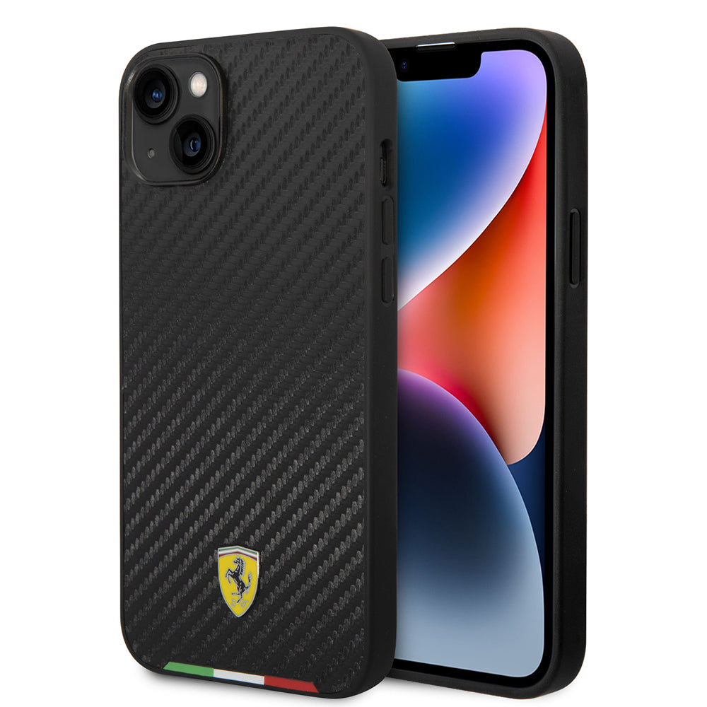 Ferrari iPhone 14 Plus Orjinal Lisanslı M-safe Şarj Özellikli Karbon İtalyan Bayrak Dizayn Kılıf