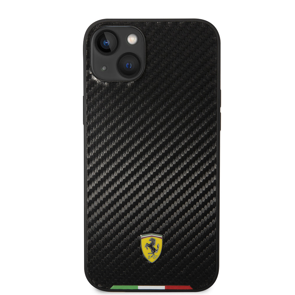Ferrari iPhone 14 Plus Orjinal Lisanslı M-safe Şarj Özellikli Karbon İtalyan Bayrak Dizayn Kılıf
