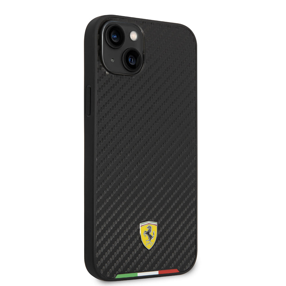 Ferrari iPhone 14 Plus Orjinal Lisanslı M-safe Şarj Özellikli Karbon İtalyan Bayrak Dizayn Kılıf