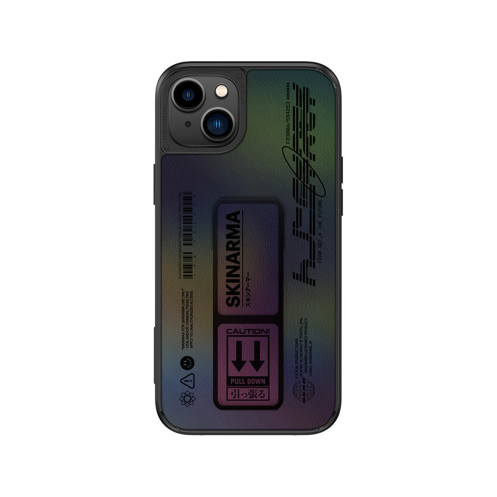 SkinArma iPhone 14 Plus Holografik Tasarımlı Standlı Deri Görünümlü Kira Kobai Telefon Kılıfı