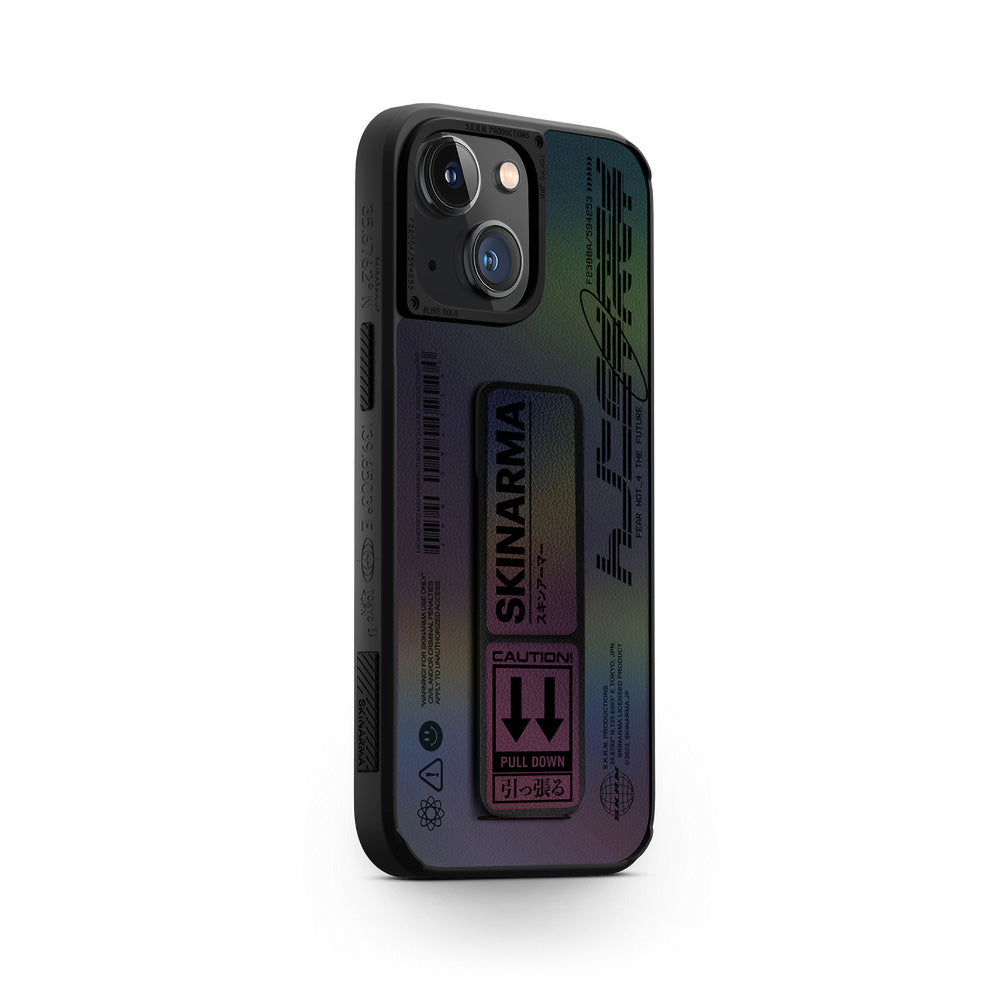 SkinArma iPhone 14 Plus Holografik Tasarımlı Standlı Deri Görünümlü Kira Kobai Telefon Kılıfı