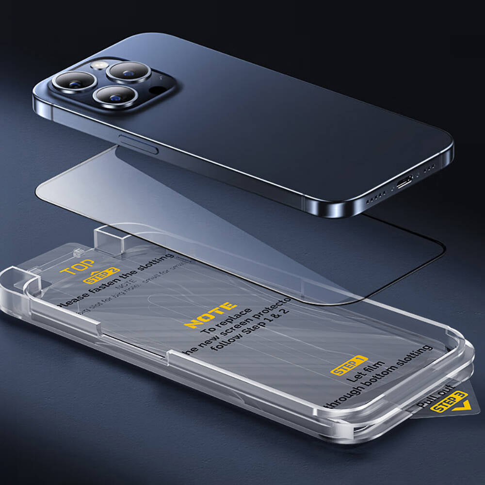 Wiwu SQ-008 iPhone 14 Plus Oleofobik Easy Install Darbeye Karşı Dayanıklı Temperli Cam Ekran Koruyucu + Kolay Uygulama Aparatlı