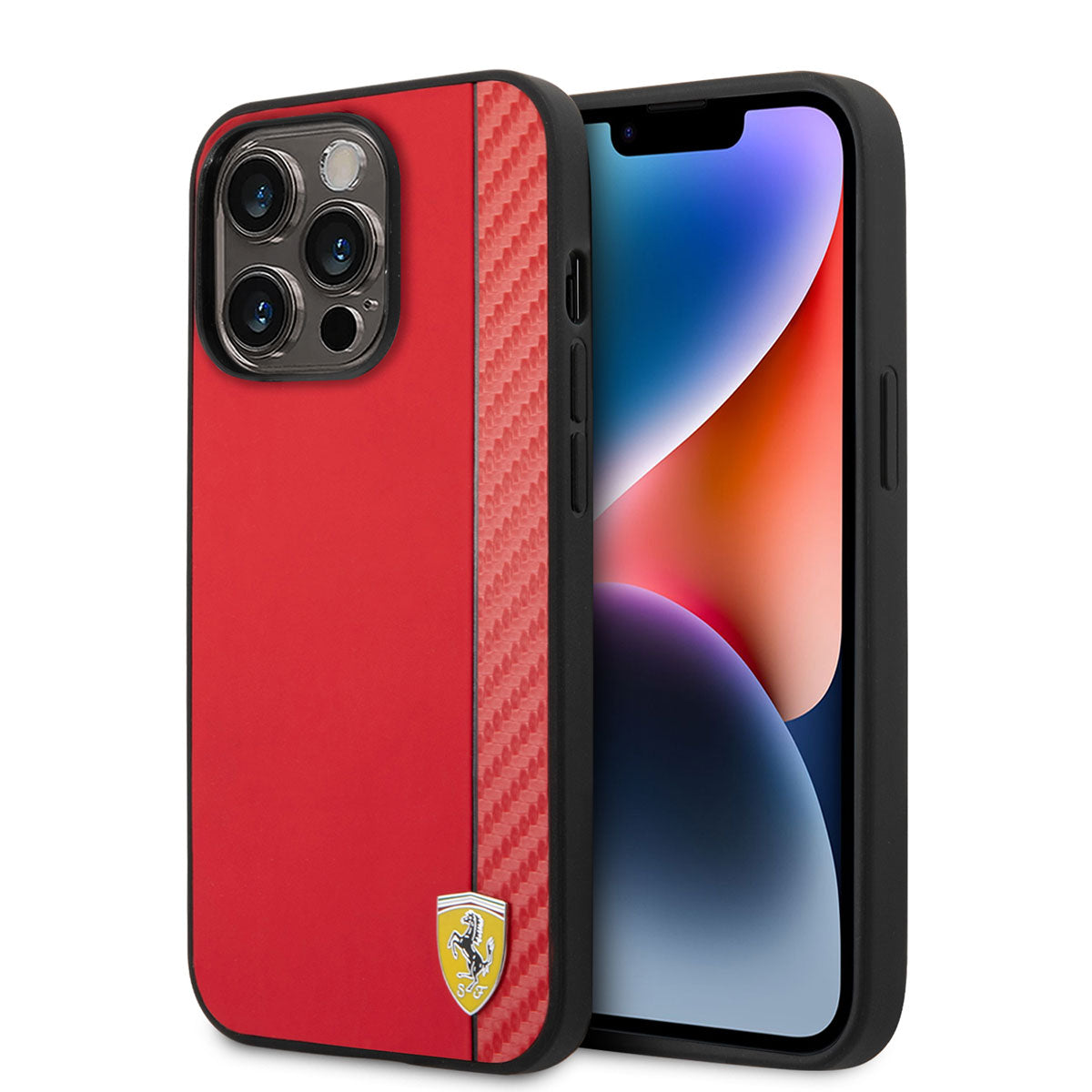 Ferrari iPhone 14 Pro M-safe Şarj Özellikli PU Deri Karbon Şeritli Dizayn Kılıf