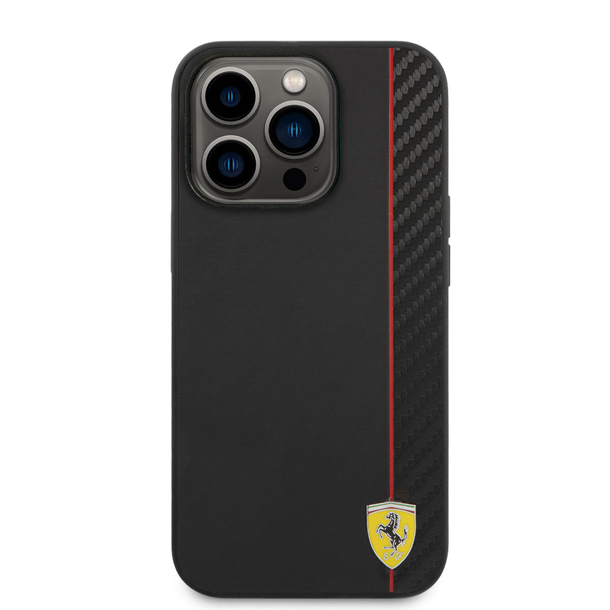 Ferrari iPhone 14 Pro M-safe Şarj Özellikli Pu Deri Ve Karbon Şeritli Dizayn Telefon Kılıfı