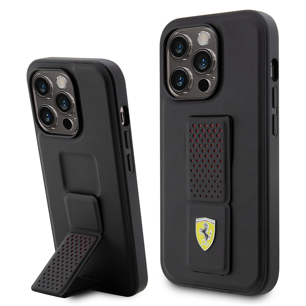 Ferrari iPhone 14 Pro Orjinal Lisanlı Klasik Metal Logolu Delikli Standlı Deri Kılıf