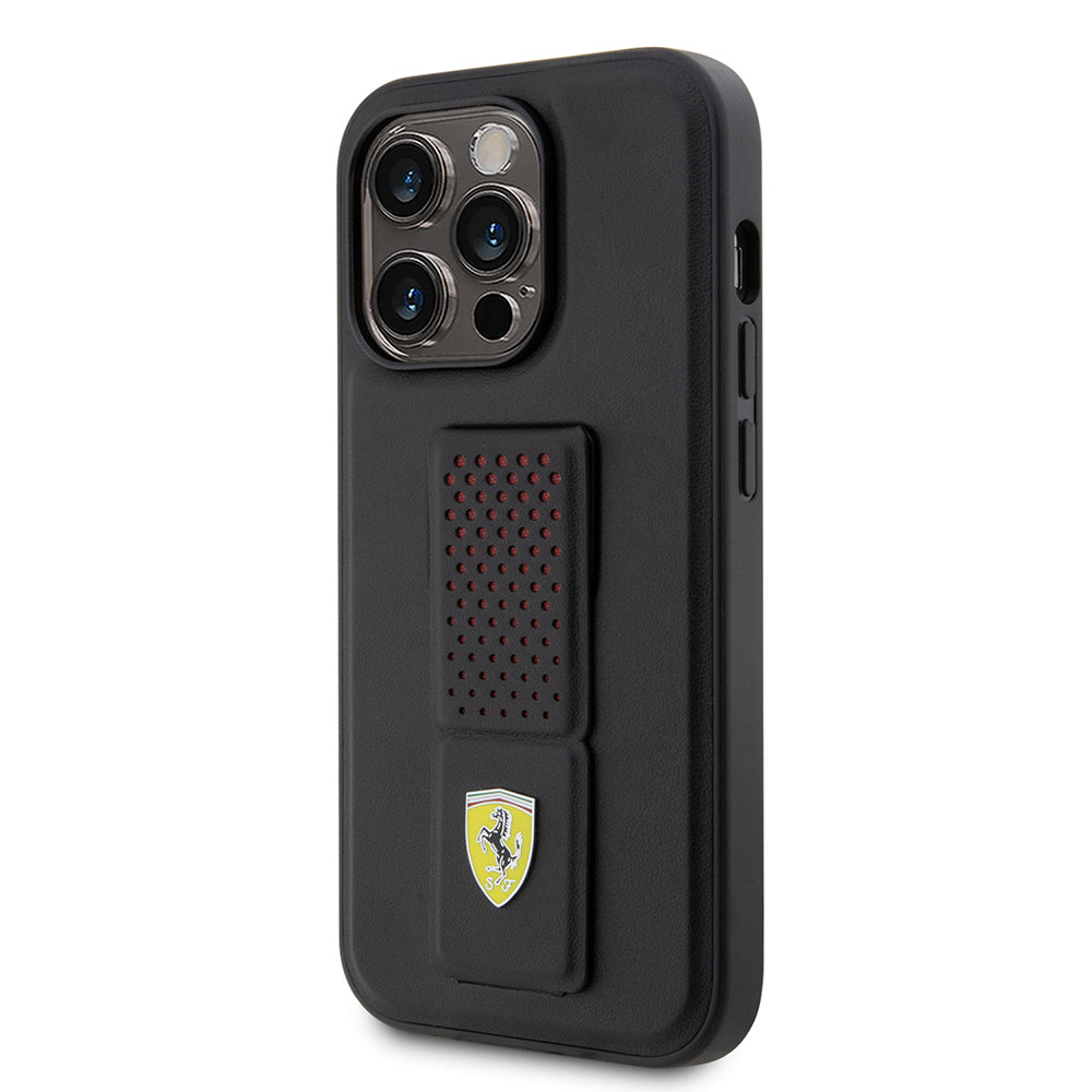Ferrari iPhone 14 Pro Orjinal Lisanlı Klasik Metal Logolu Delikli Standlı Deri Kılıf