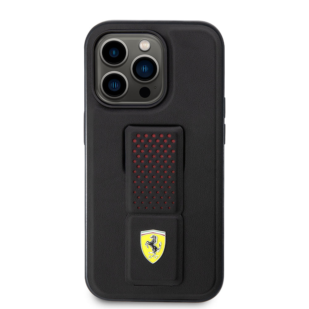 Ferrari iPhone 14 Pro Orjinal Lisanlı Klasik Metal Logolu Delikli Standlı Deri Kılıf