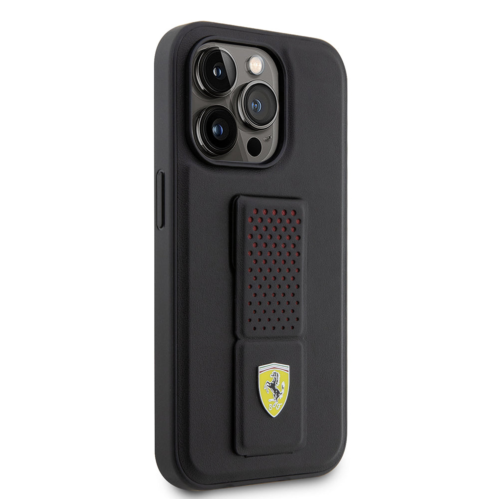Ferrari iPhone 14 Pro Orjinal Lisanlı Klasik Metal Logolu Delikli Standlı Deri Kılıf