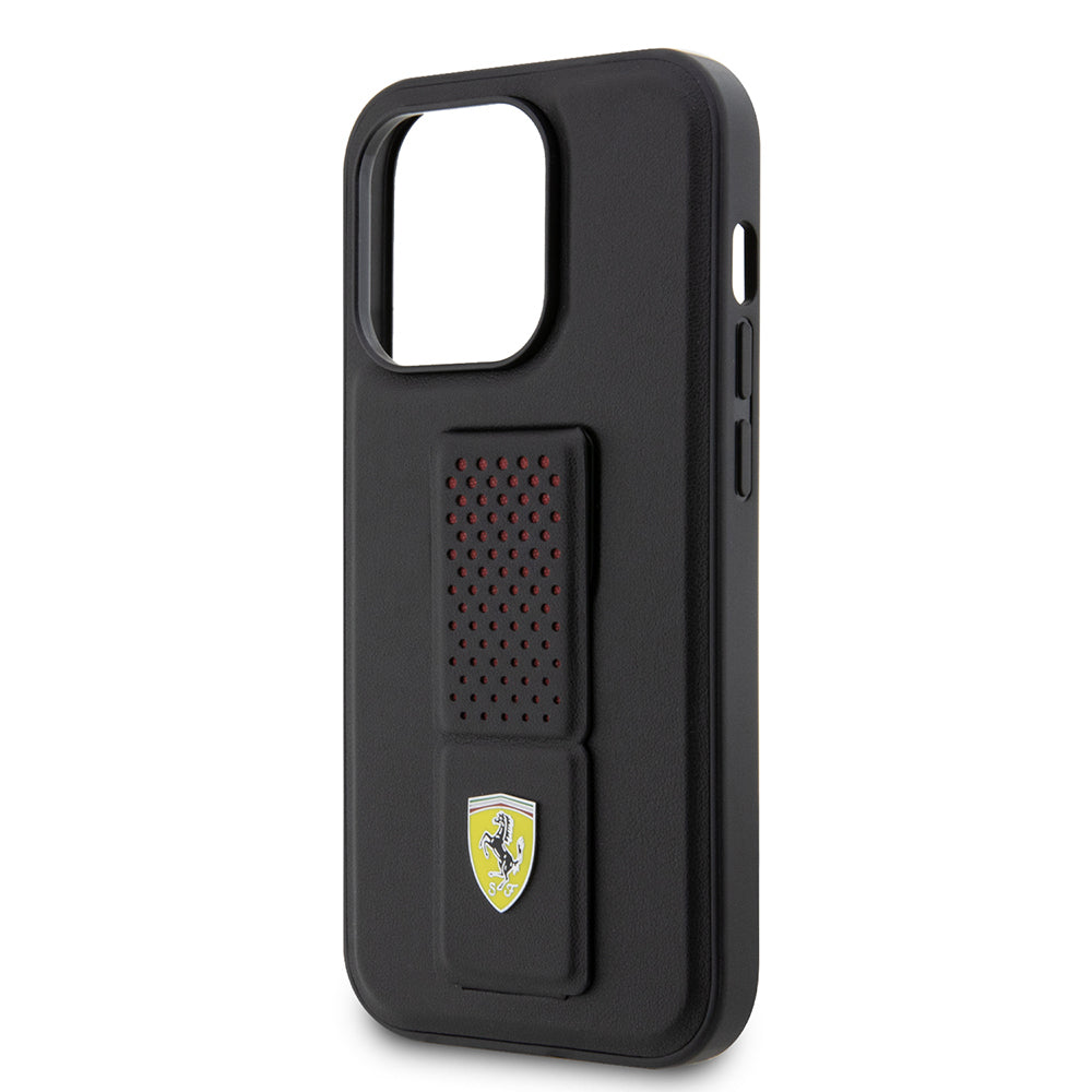 Ferrari iPhone 14 Pro Orjinal Lisanlı Klasik Metal Logolu Delikli Standlı Deri Kılıf