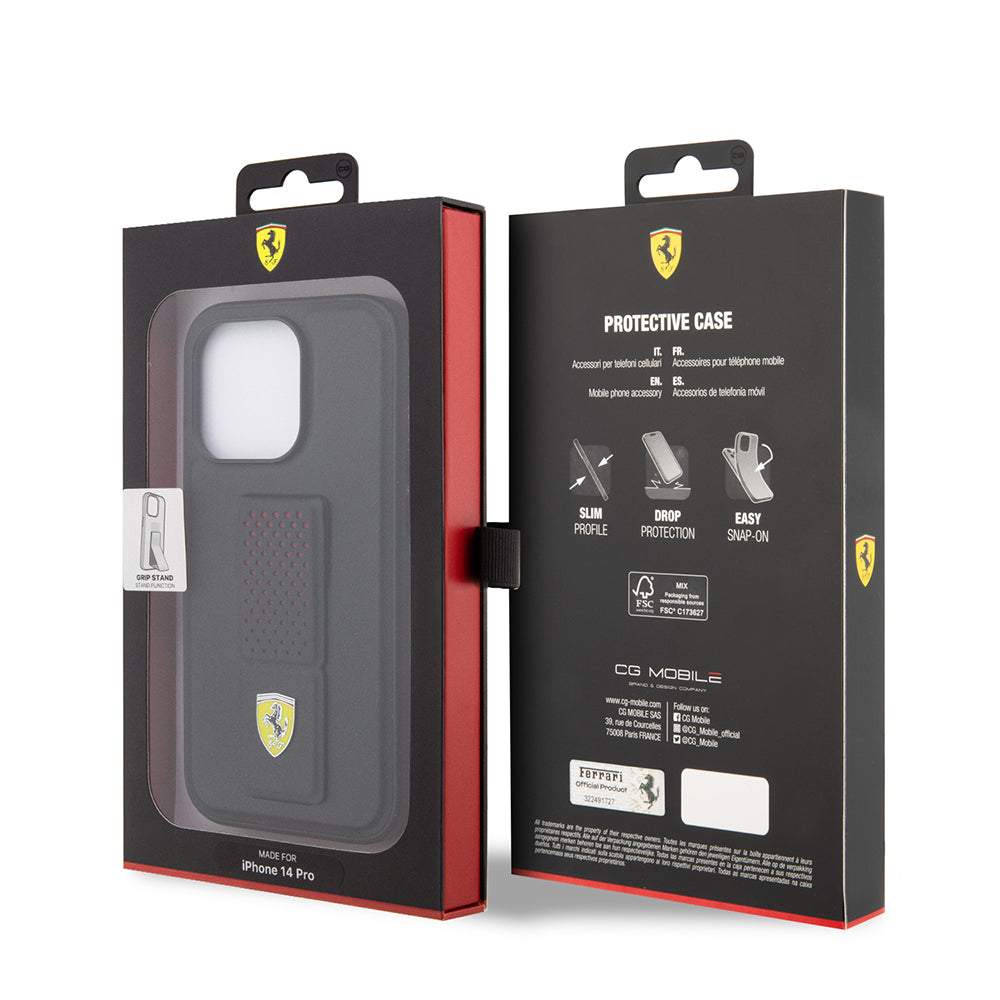 Ferrari iPhone 14 Pro Orjinal Lisanlı Klasik Metal Logolu Delikli Standlı Deri Kılıf