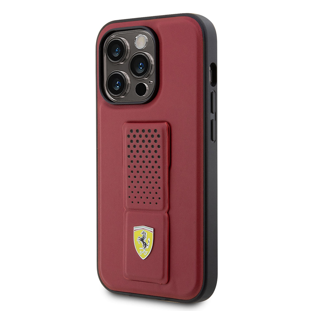 Ferrari iPhone 14 Pro Orjinal Lisanlı Klasik Metal Logolu Delikli Standlı Deri Kılıf
