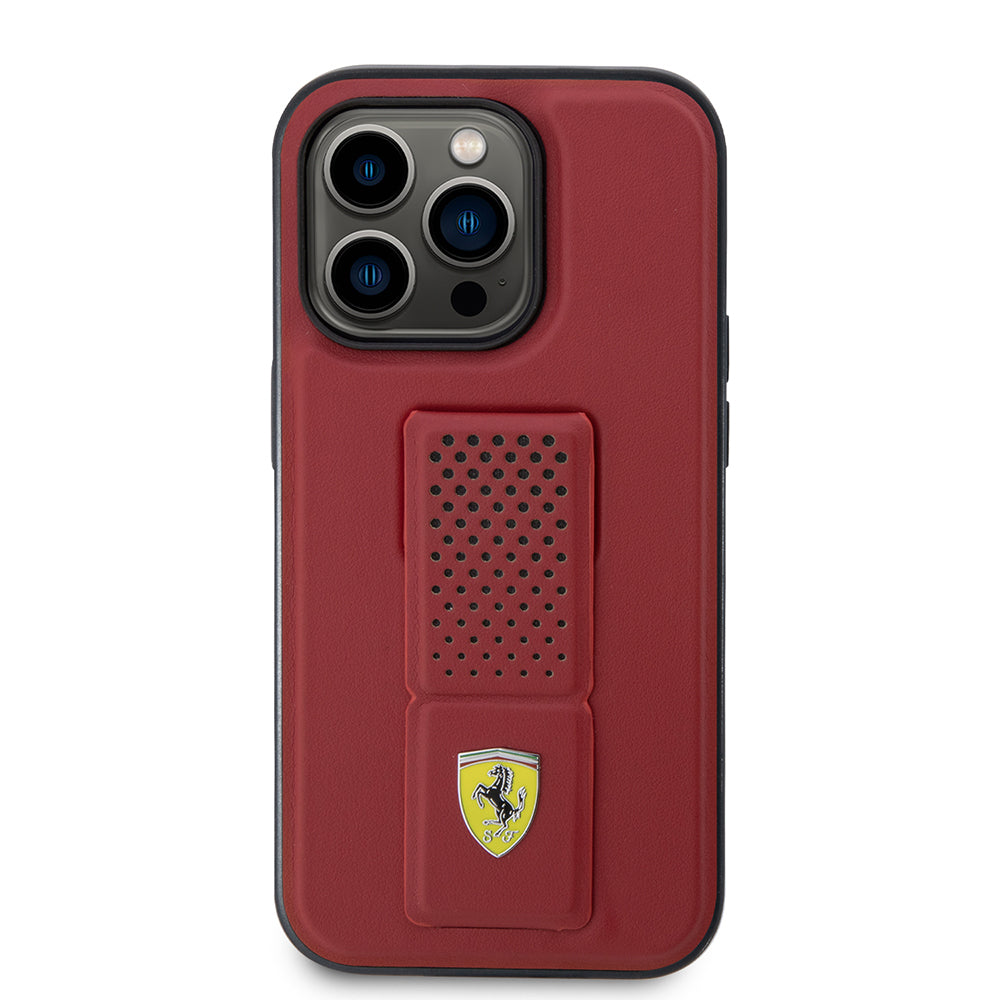Ferrari iPhone 14 Pro Orjinal Lisanlı Klasik Metal Logolu Delikli Standlı Deri Kılıf