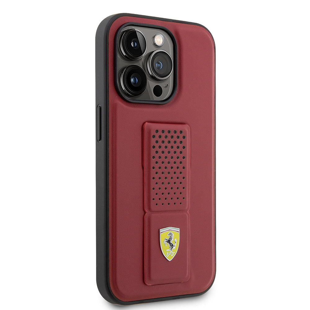 Ferrari iPhone 14 Pro Orjinal Lisanlı Klasik Metal Logolu Delikli Standlı Deri Kılıf