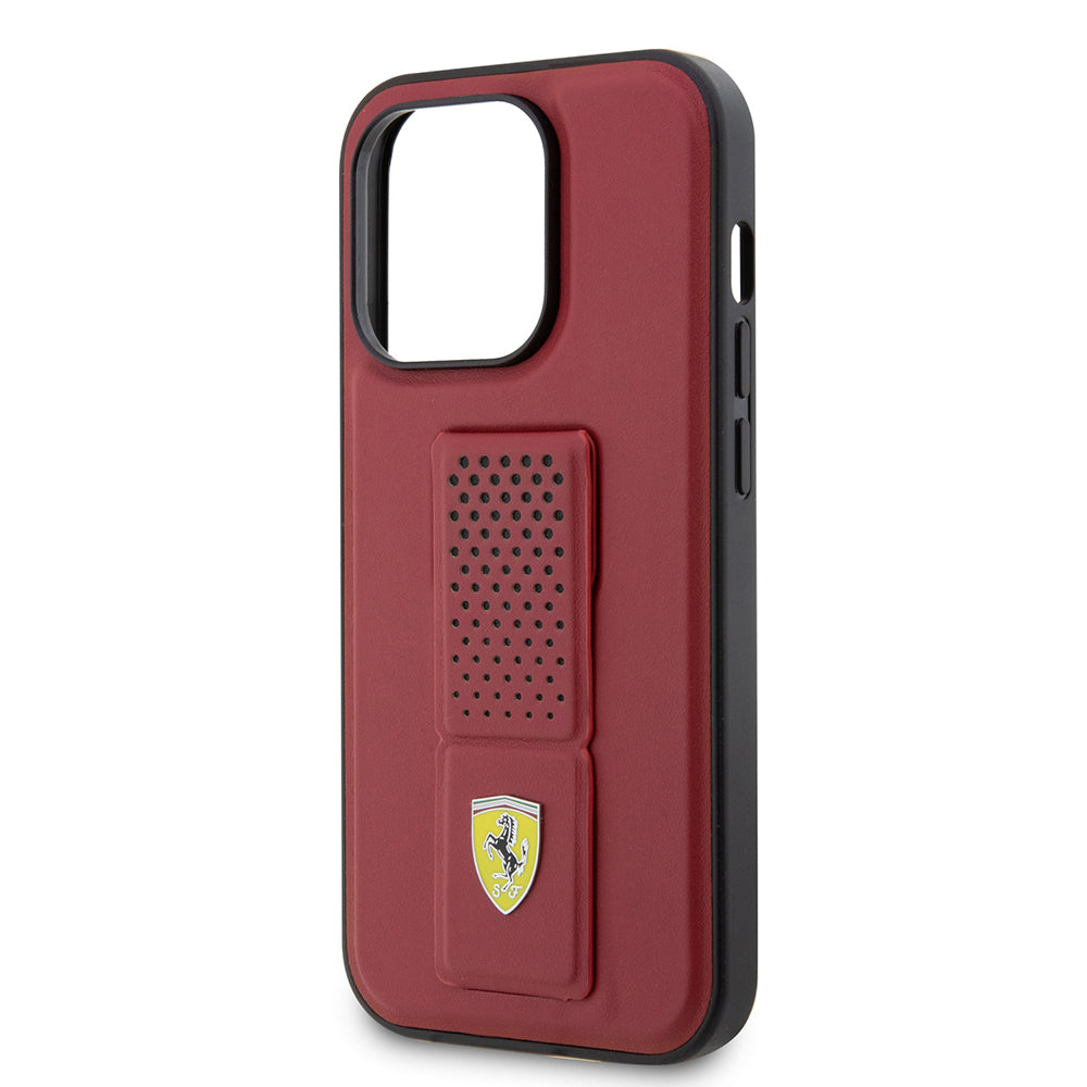 Ferrari iPhone 14 Pro Orjinal Lisanlı Klasik Metal Logolu Delikli Standlı Deri Kılıf
