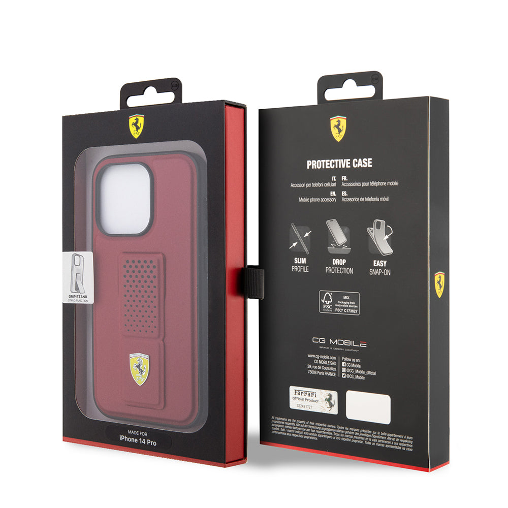 Ferrari iPhone 14 Pro Orjinal Lisanlı Klasik Metal Logolu Delikli Standlı Deri Kılıf
