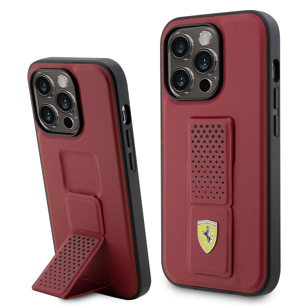 Ferrari iPhone 14 Pro Orjinal Lisanlı Klasik Metal Logolu Delikli Standlı Deri Kılıf