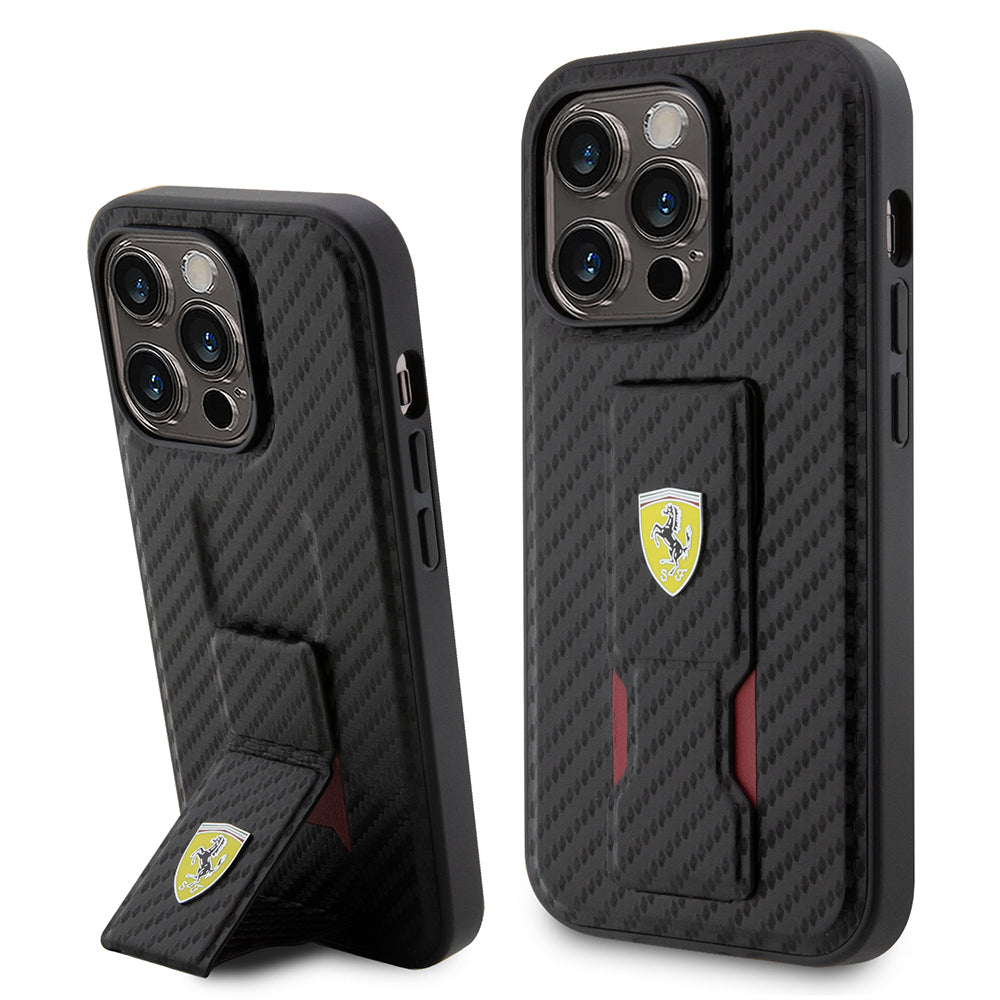 Ferrari iPhone 14 Pro Orjinal Lisanlı Klasik Metal Logolu Delikli Standlı Karbon Kılıf