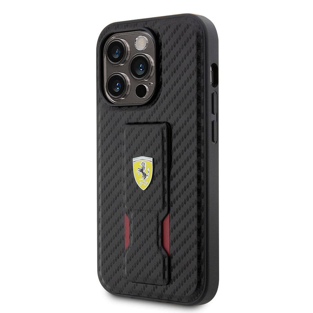 Ferrari iPhone 14 Pro Orjinal Lisanlı Klasik Metal Logolu Delikli Standlı Karbon Kılıf