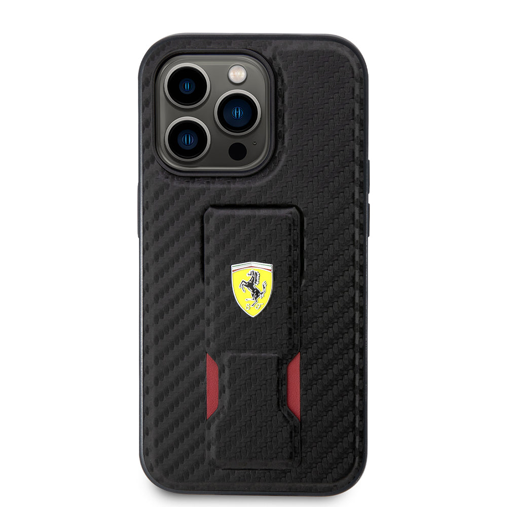 Ferrari iPhone 14 Pro Orjinal Lisanlı Klasik Metal Logolu Delikli Standlı Karbon Kılıf