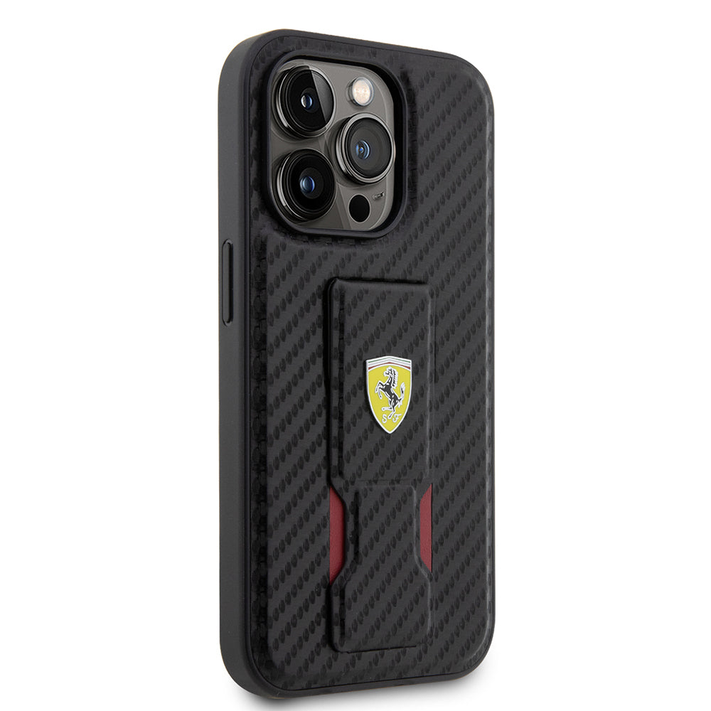 Ferrari iPhone 14 Pro Orjinal Lisanlı Klasik Metal Logolu Delikli Standlı Karbon Kılıf