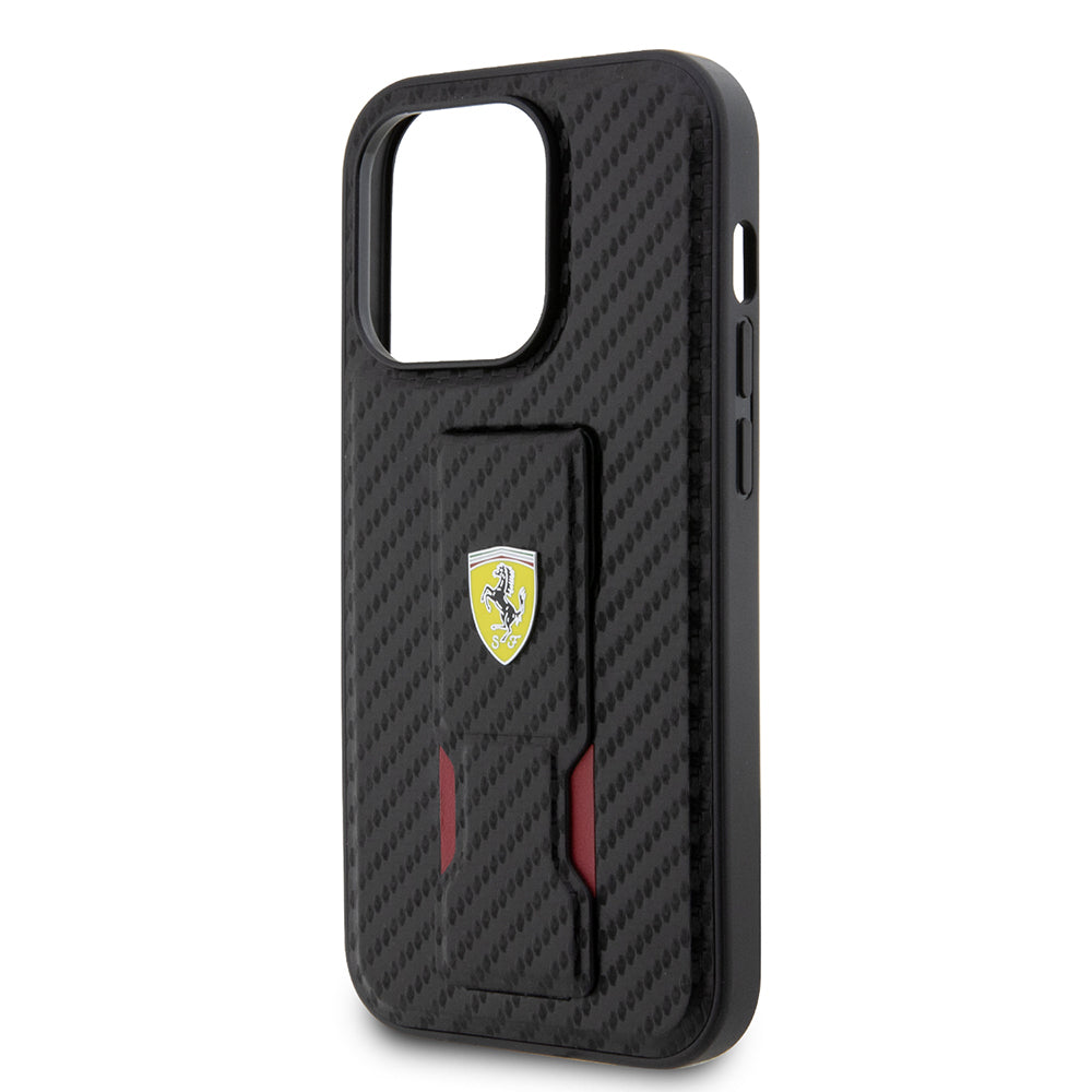Ferrari iPhone 14 Pro Orjinal Lisanlı Klasik Metal Logolu Delikli Standlı Karbon Kılıf