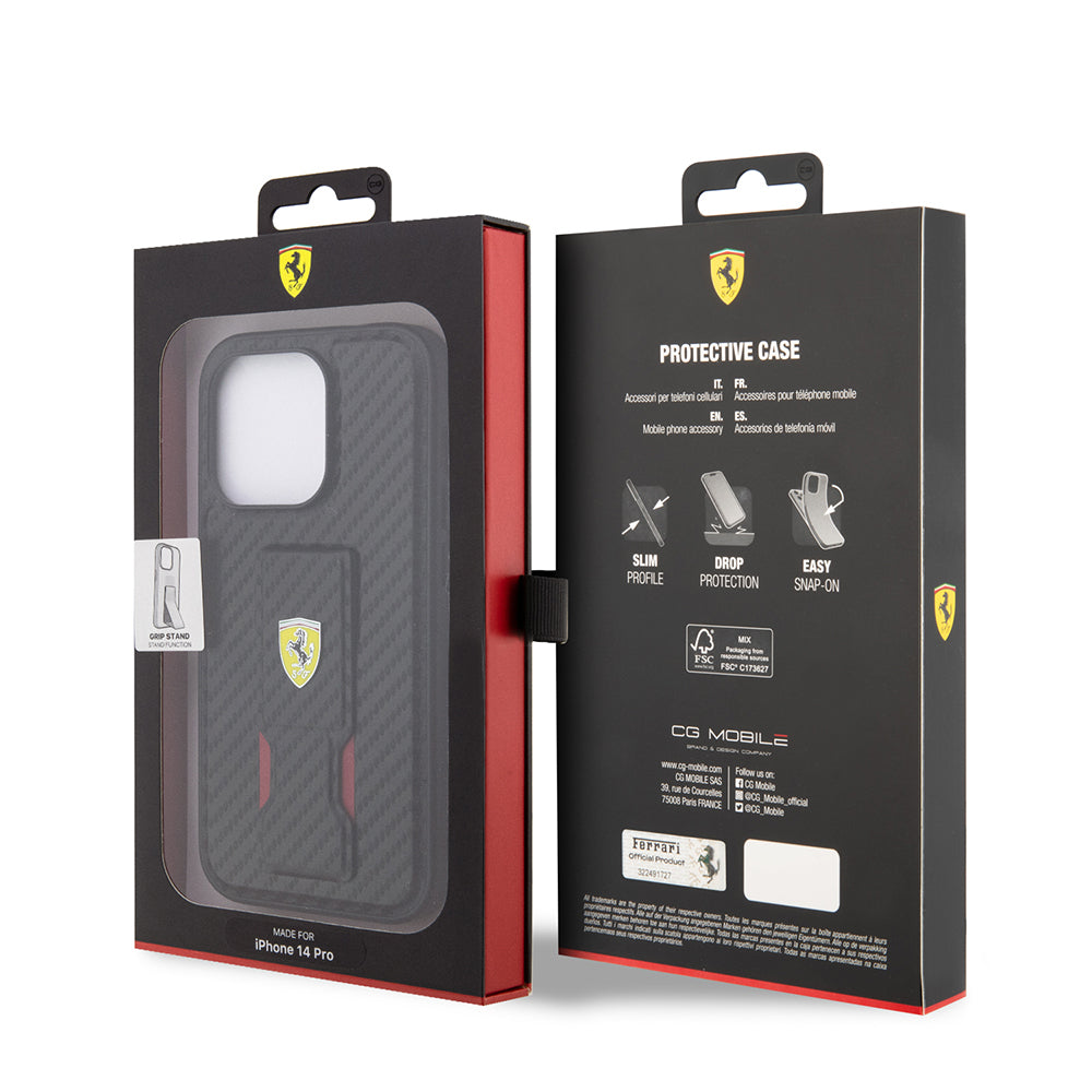 Ferrari iPhone 14 Pro Orjinal Lisanlı Klasik Metal Logolu Delikli Standlı Karbon Kılıf