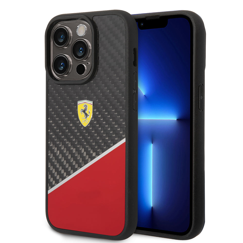Ferrari iPhone 14 Pro Orjinal Lisanlı Klasik Metal Logolu Karbon Şerit Desenli Kılıf