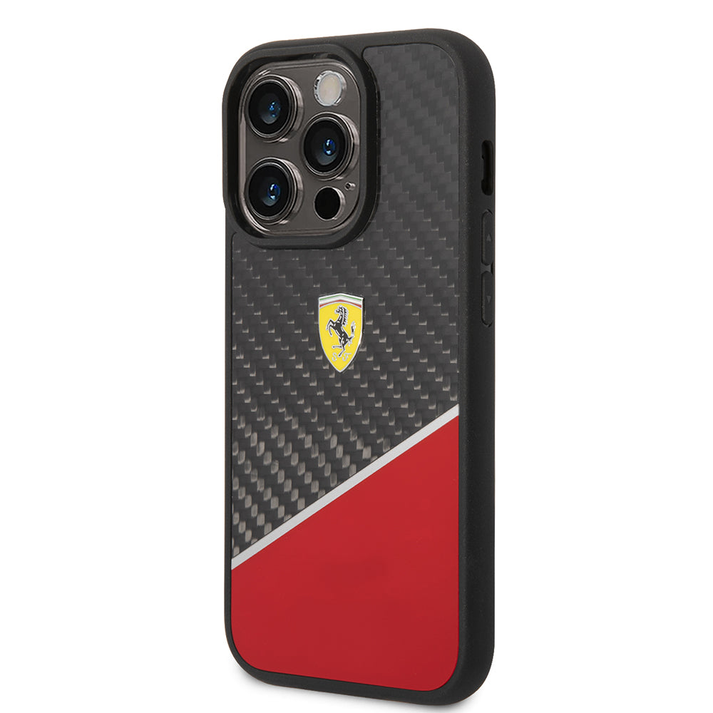 Ferrari iPhone 14 Pro Orjinal Lisanlı Klasik Metal Logolu Karbon Şerit Desenli Kılıf