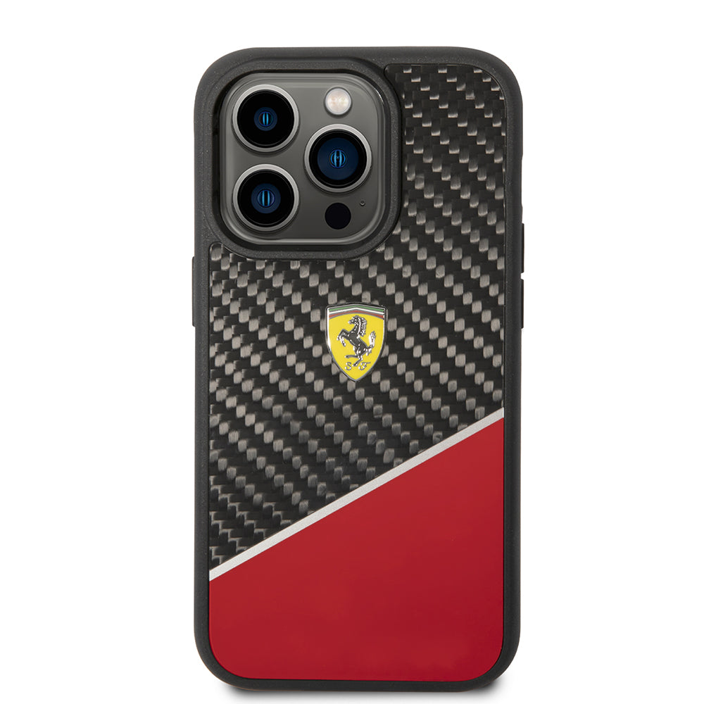 Ferrari iPhone 14 Pro Orjinal Lisanlı Klasik Metal Logolu Karbon Şerit Desenli Kılıf