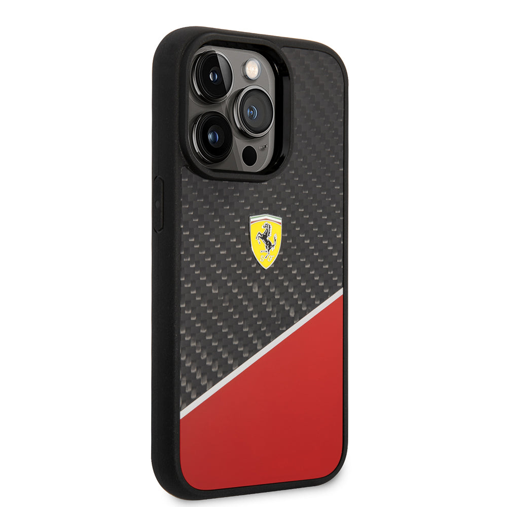 Ferrari iPhone 14 Pro Orjinal Lisanlı Klasik Metal Logolu Karbon Şerit Desenli Kılıf