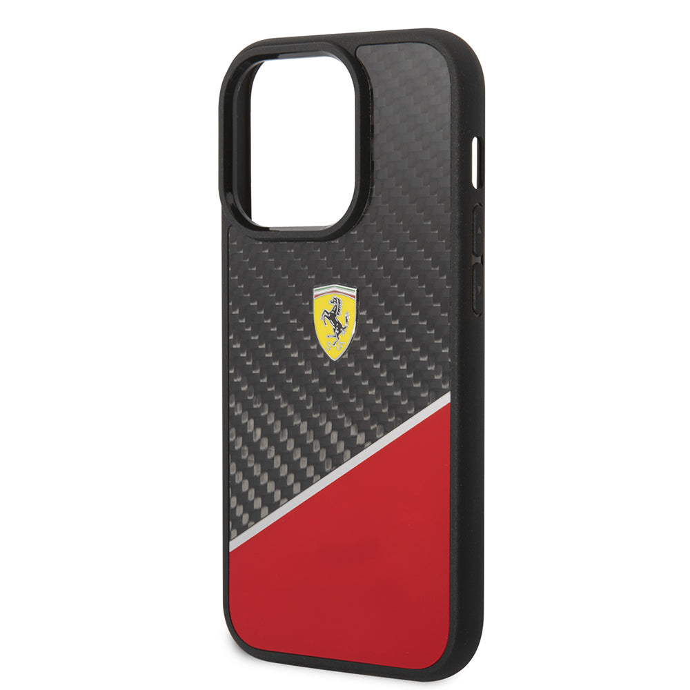 Ferrari iPhone 14 Pro Orjinal Lisanlı Klasik Metal Logolu Karbon Şerit Desenli Kılıf