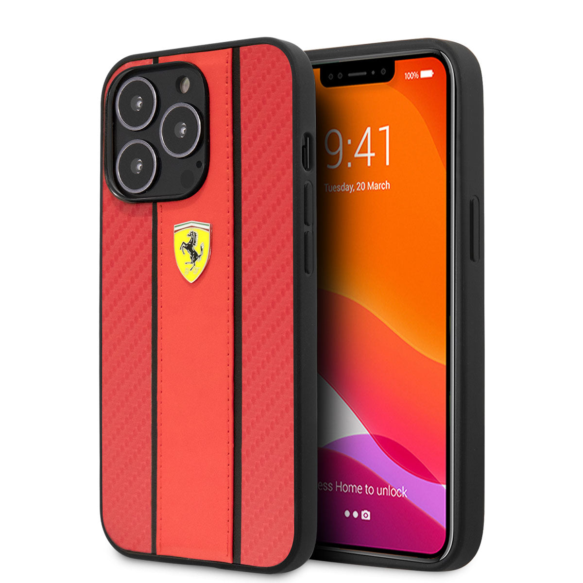 Ferrari iPhone 14 Pro PU Deri Ve Karbon Dizayn Telefon Kılıfı