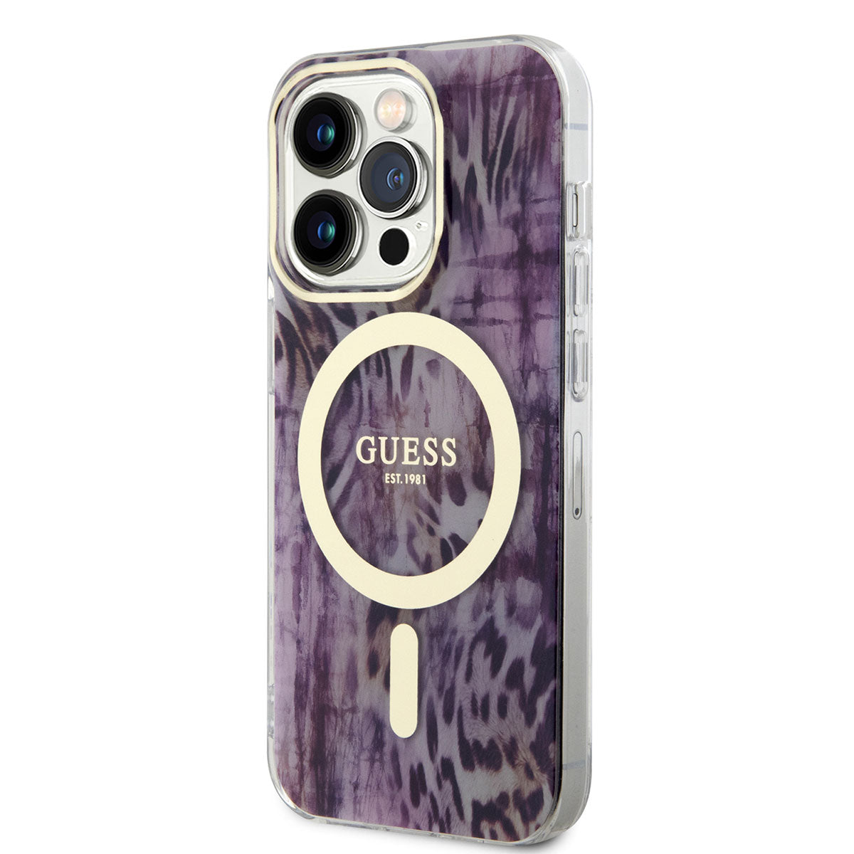 Guess Apple iPhone 14 Pro Kılıf Magsafe Şarj Özellikli Leopar Desenli Kapak