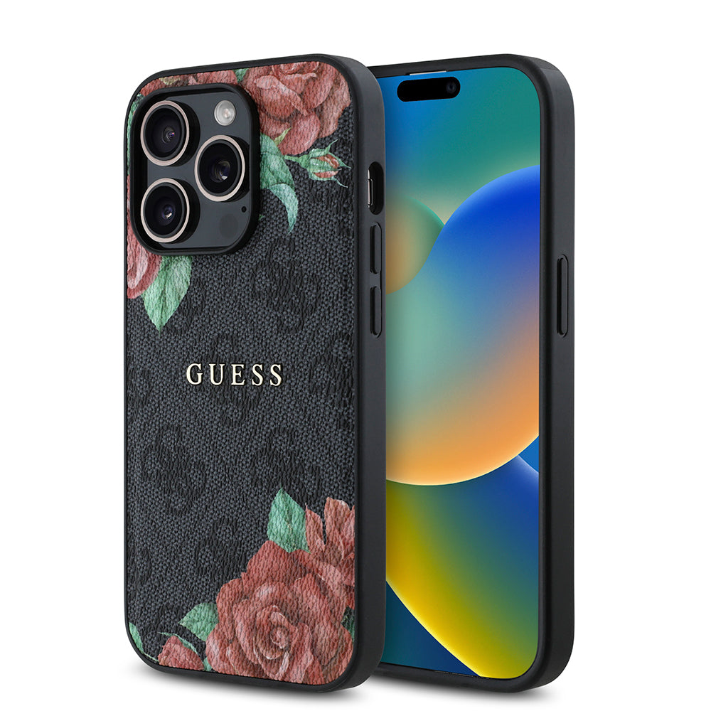 Guess iPhone 14 Pro Orjinal Lisanslı M-safe Şarj Özellikli Gül Baskılı 4G Desenli Yazı Logolu Kılıf