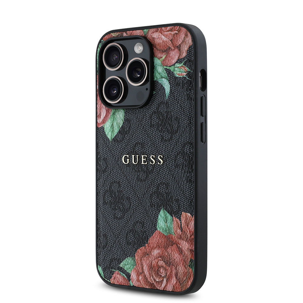 Guess iPhone 14 Pro Orjinal Lisanslı M-safe Şarj Özellikli Gül Baskılı 4G Desenli Yazı Logolu Kılıf