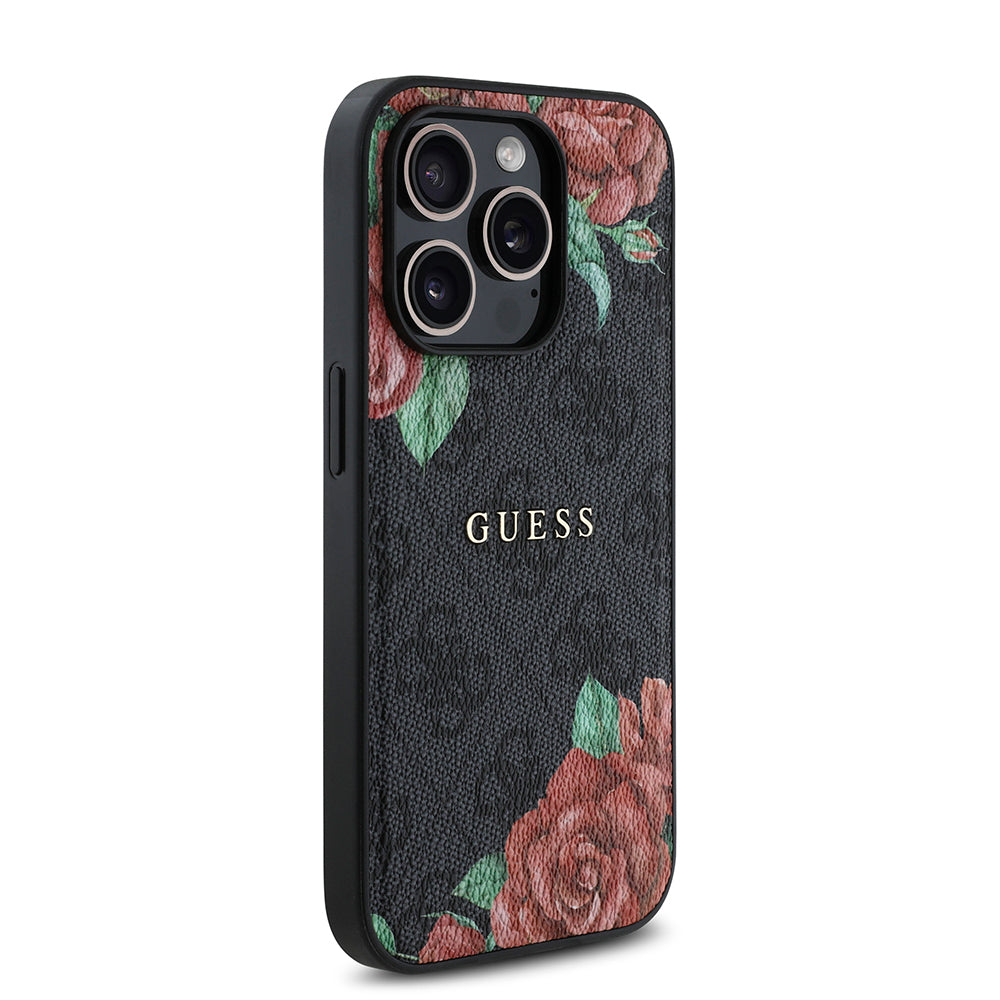 Guess iPhone 14 Pro Orjinal Lisanslı M-safe Şarj Özellikli Gül Baskılı 4G Desenli Yazı Logolu Kılıf