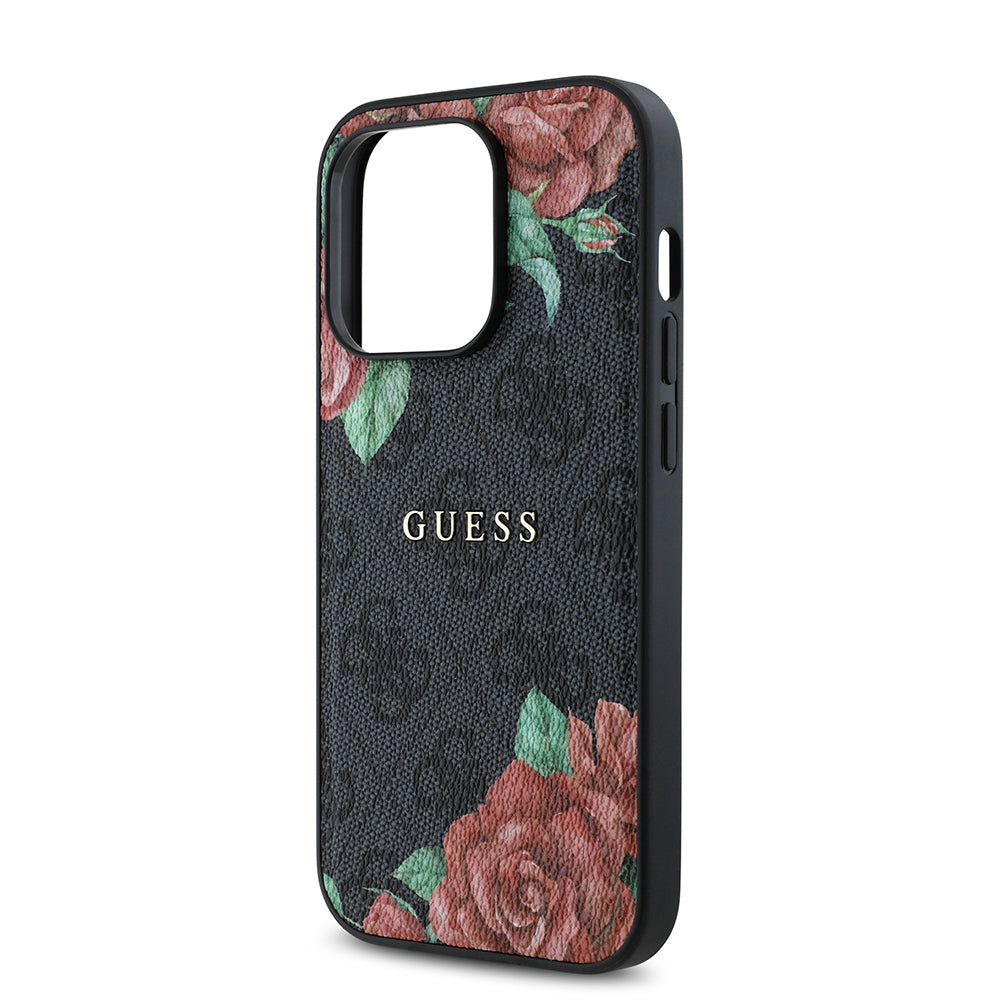 Guess iPhone 14 Pro Orjinal Lisanslı M-safe Şarj Özellikli Gül Baskılı 4G Desenli Yazı Logolu Kılıf