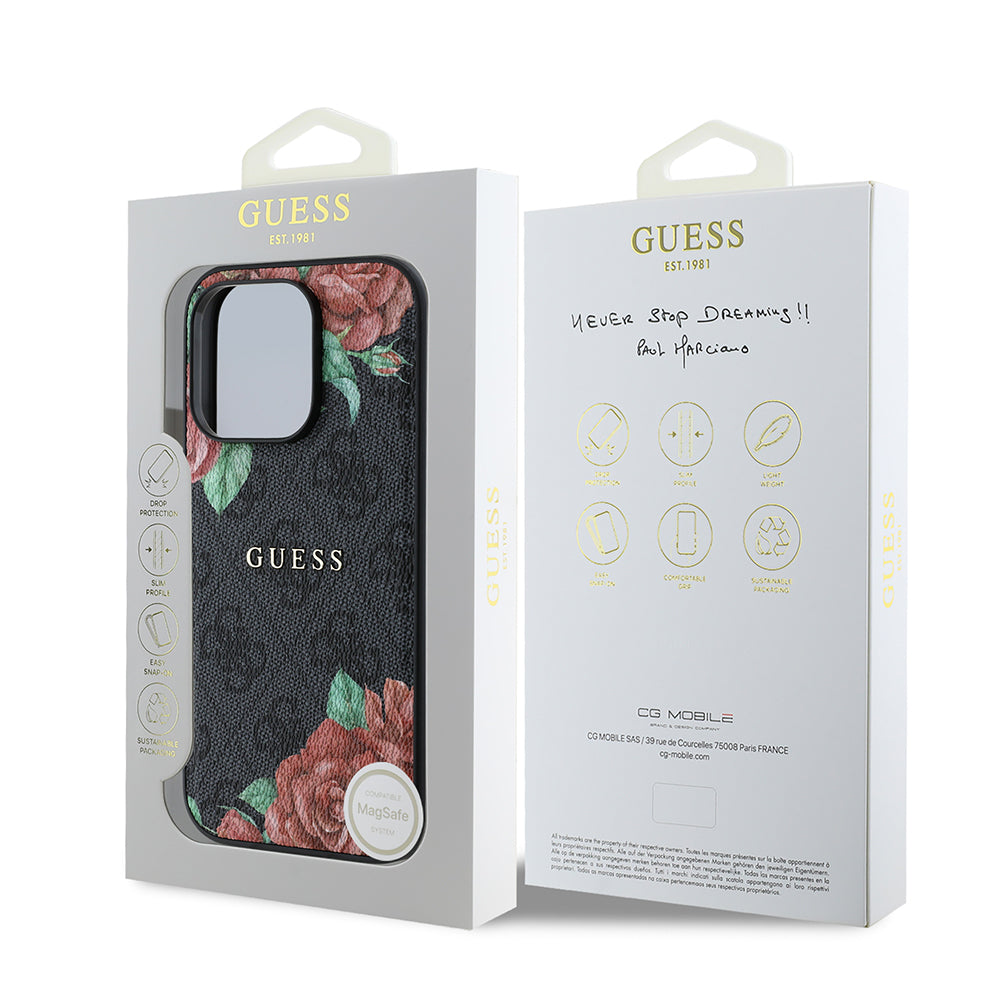 Guess iPhone 14 Pro Orjinal Lisanslı M-safe Şarj Özellikli Gül Baskılı 4G Desenli Yazı Logolu Kılıf