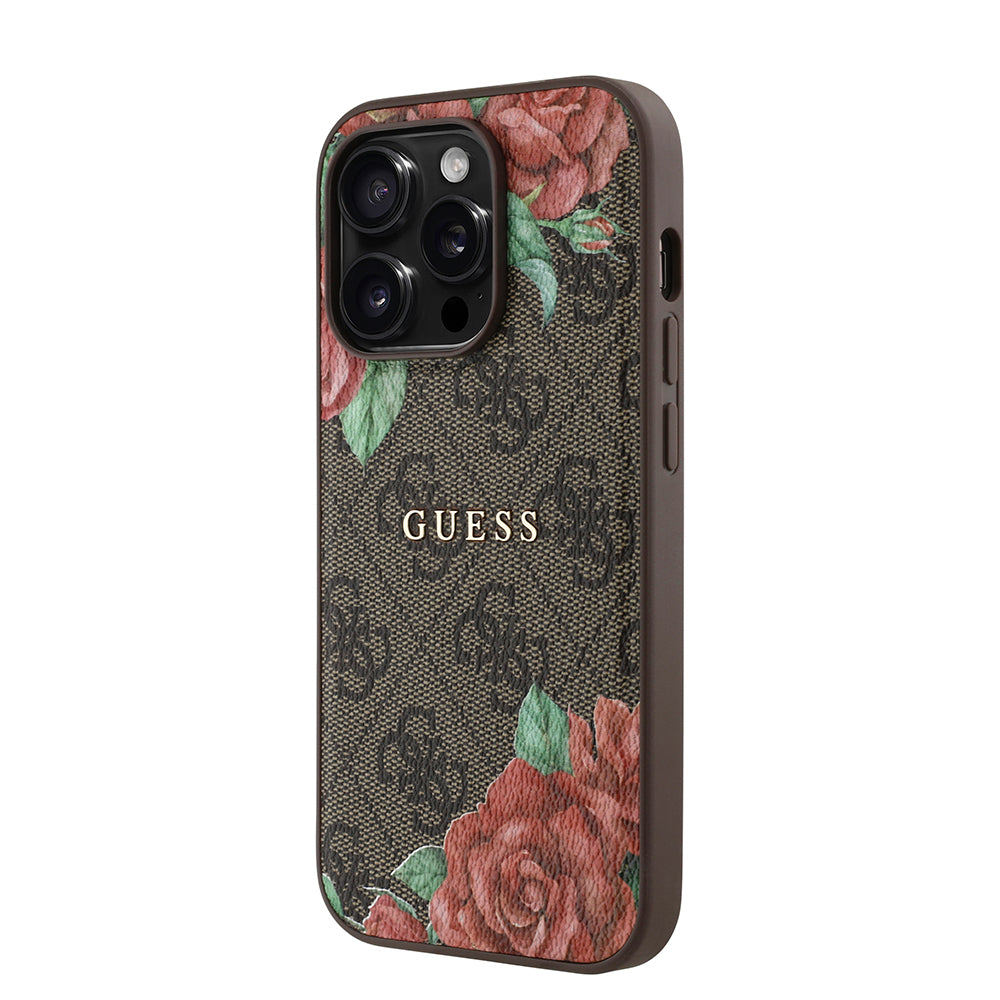 Guess iPhone 14 Pro Orjinal Lisanslı M-safe Şarj Özellikli Gül Baskılı 4G Desenli Yazı Logolu Kılıf
