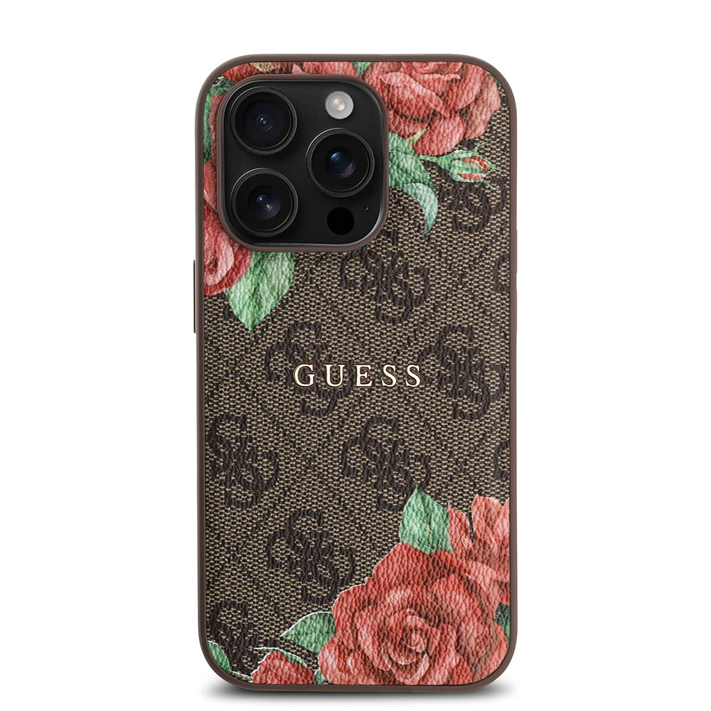 Guess iPhone 14 Pro Orjinal Lisanslı M-safe Şarj Özellikli Gül Baskılı 4G Desenli Yazı Logolu Kılıf
