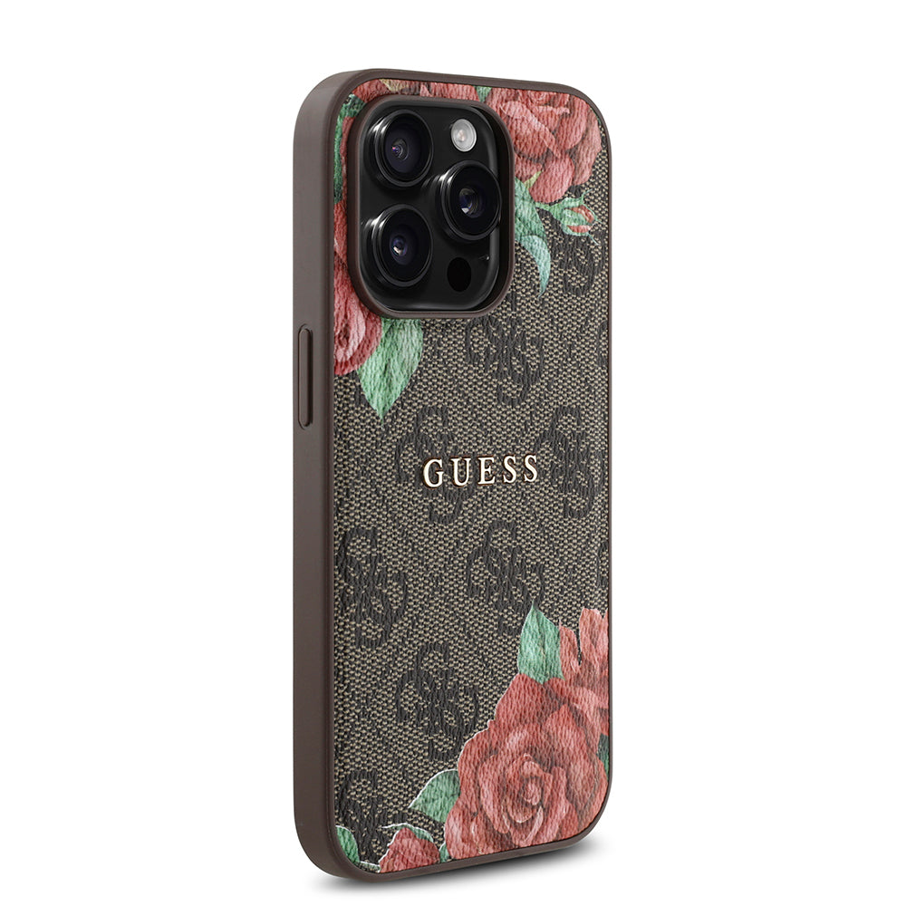 Guess iPhone 14 Pro Orjinal Lisanslı M-safe Şarj Özellikli Gül Baskılı 4G Desenli Yazı Logolu Kılıf