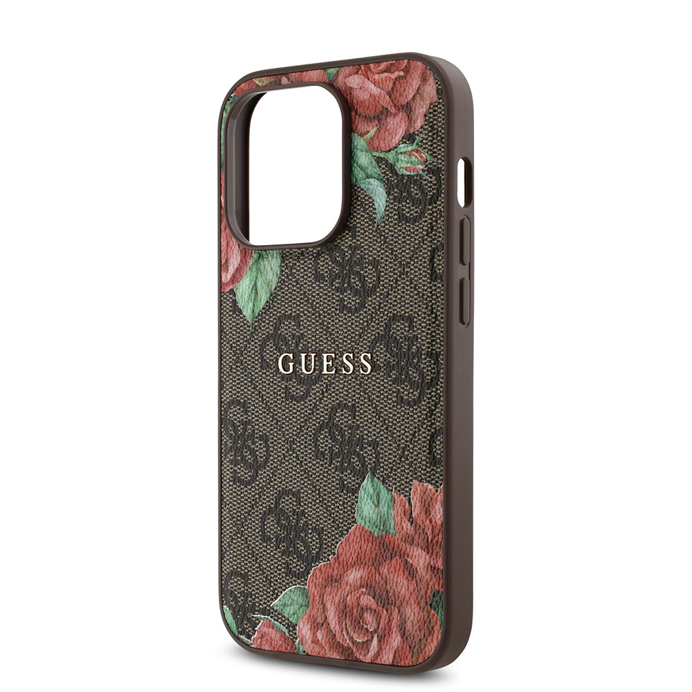 Guess iPhone 14 Pro Orjinal Lisanslı M-safe Şarj Özellikli Gül Baskılı 4G Desenli Yazı Logolu Kılıf