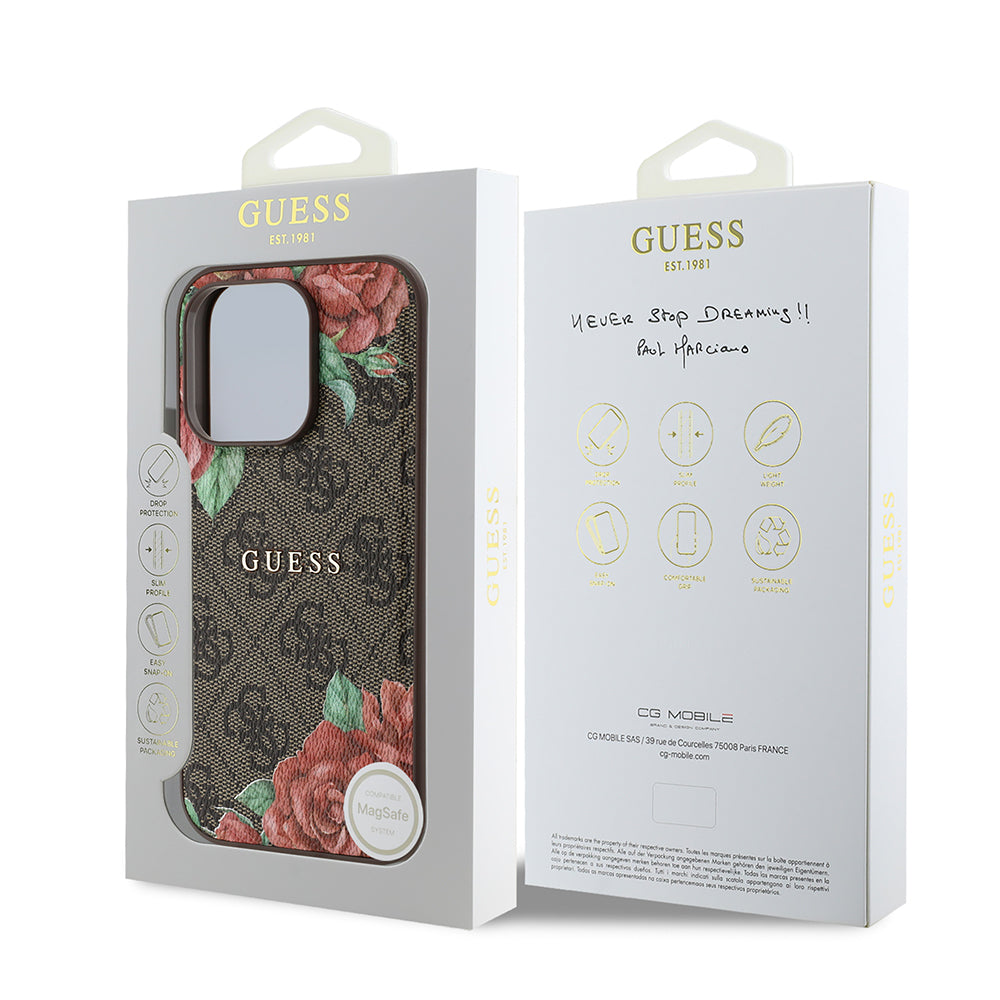 Guess iPhone 14 Pro Orjinal Lisanslı M-safe Şarj Özellikli Gül Baskılı 4G Desenli Yazı Logolu Kılıf