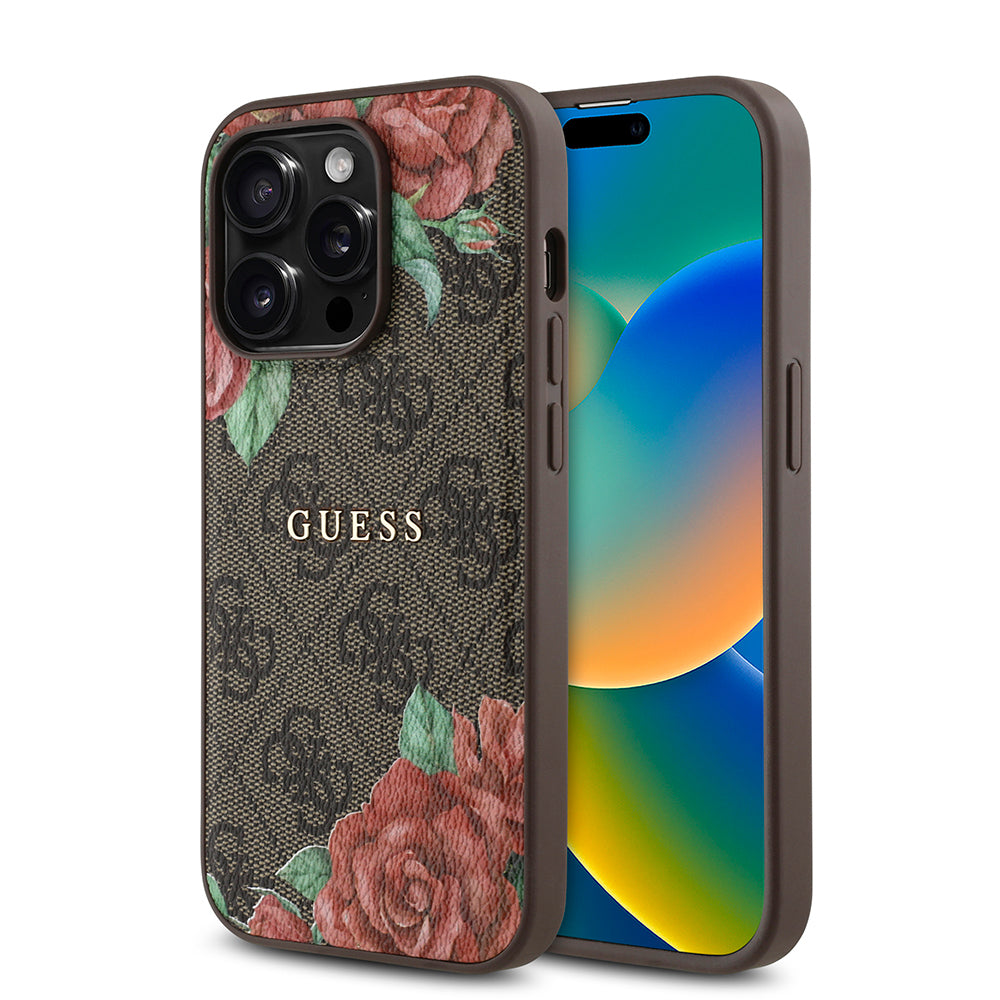 Guess iPhone 14 Pro Orjinal Lisanslı M-safe Şarj Özellikli Gül Baskılı 4G Desenli Yazı Logolu Kılıf