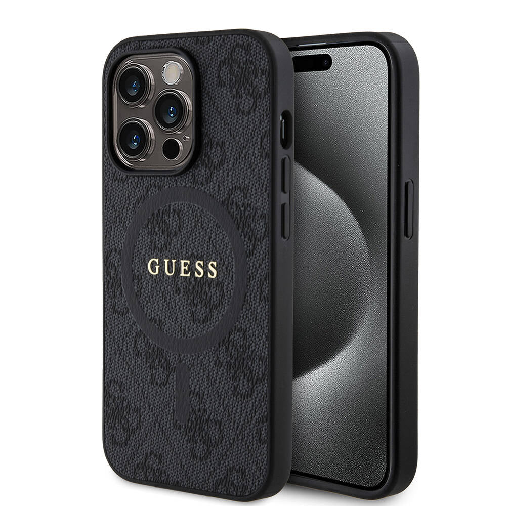 Guess iPhone 14 Pro Orjinal Lisanslı M-safe Şarj Özellikli PU Halkalı 4G Desenli Yazı Logolu Kılıf