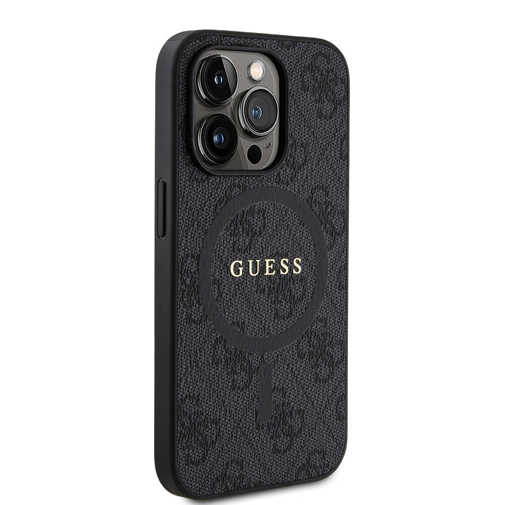 Guess iPhone 14 Pro Orjinal Lisanslı M-safe Şarj Özellikli PU Halkalı 4G Desenli Yazı Logolu Kılıf