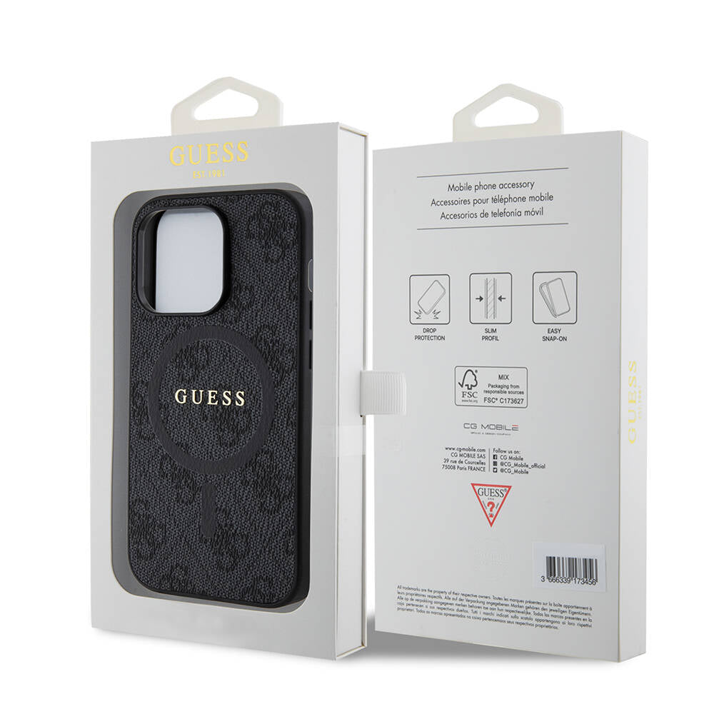 Guess iPhone 14 Pro Orjinal Lisanslı M-safe Şarj Özellikli PU Halkalı 4G Desenli Yazı Logolu Kılıf