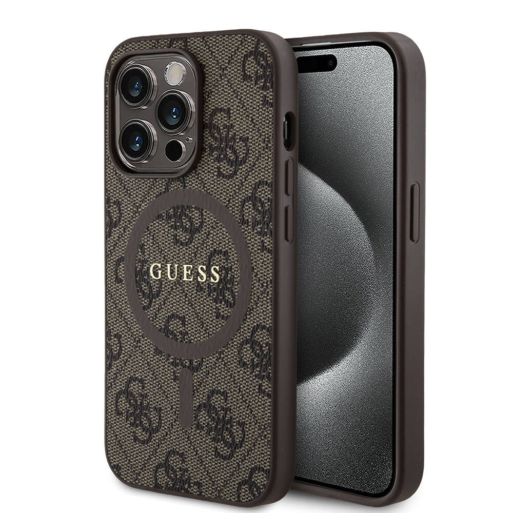 Guess iPhone 14 Pro Orjinal Lisanslı M-safe Şarj Özellikli PU Halkalı 4G Desenli Yazı Logolu Kılıf