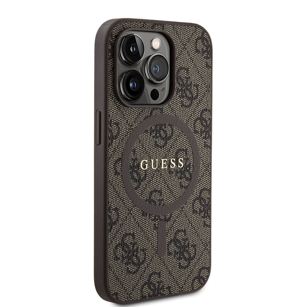 Guess iPhone 14 Pro Orjinal Lisanslı M-safe Şarj Özellikli PU Halkalı 4G Desenli Yazı Logolu Kılıf