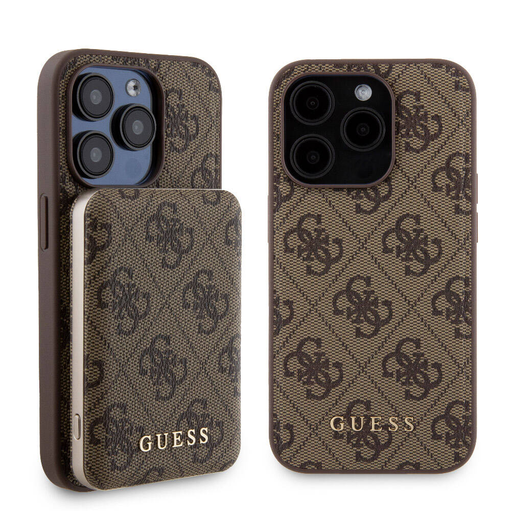 Guess iPhone 14 Pro Orjinal Lisanslı Magsafe Şarj Özellikli Yazı Logolu 4G Desenli Telefon Kılıfı + Powerbank 5000mAh 2in1 Set